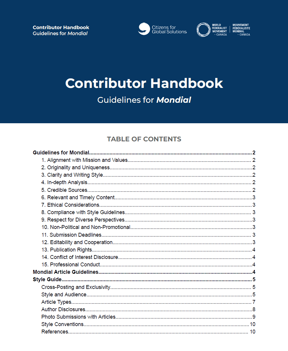Screenshot of the first page in the Mondial Contributor Handbook