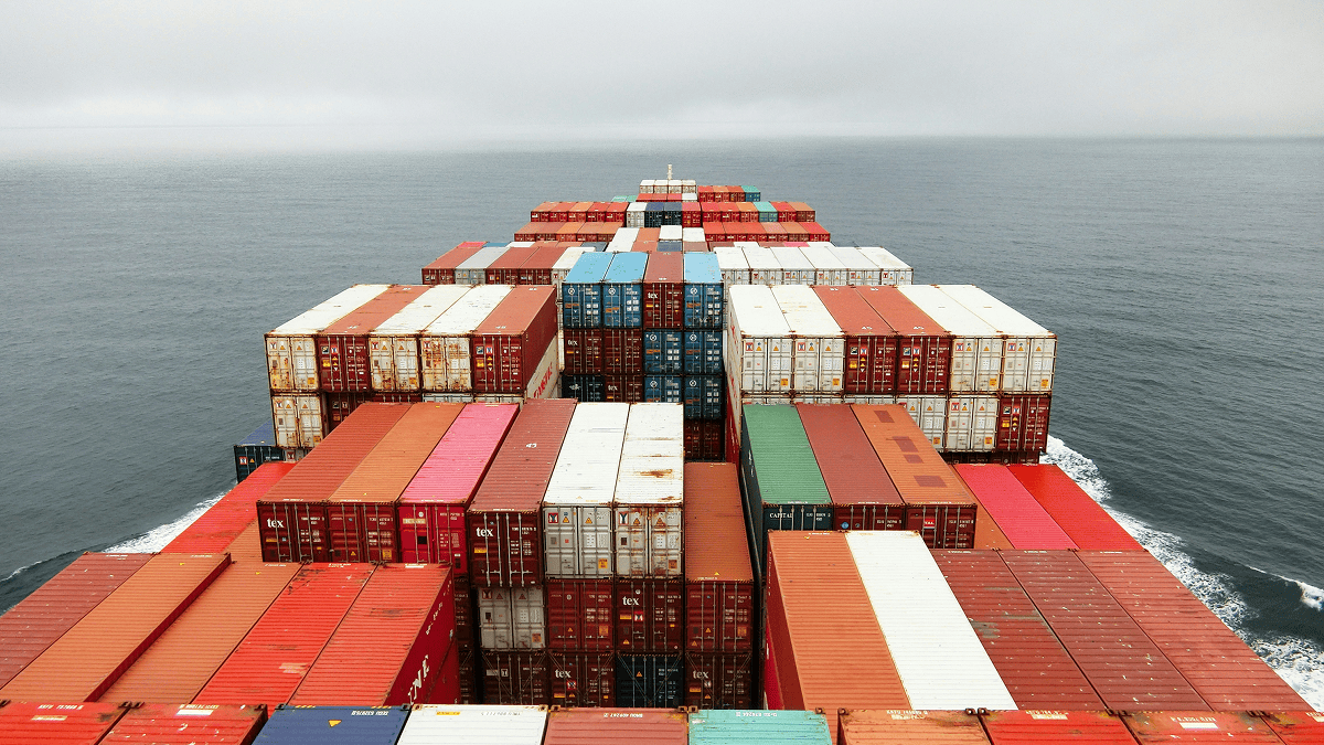 Container ship at sea in overcast weather