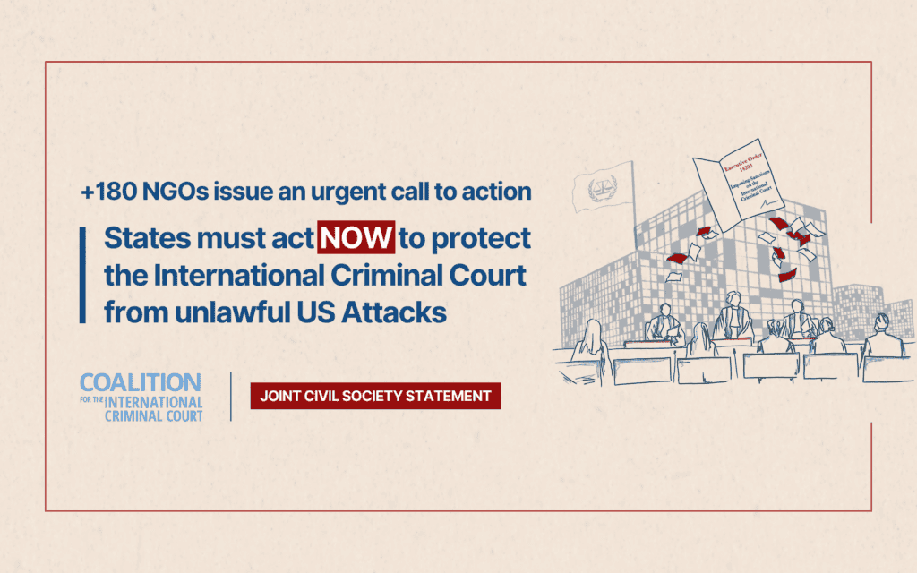 Coalition for the International Criminal Court joint statement banner: States must act now to protect the International Criminal Court